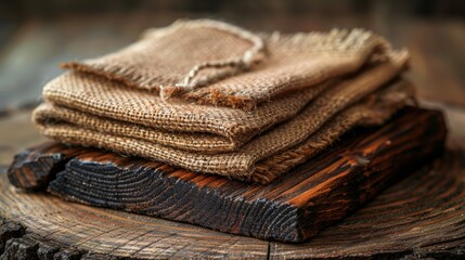 Rustic wooden board with burlap napkin on rustic table setting