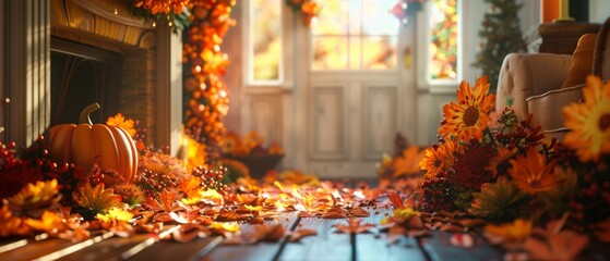 Fototapeta premium A cozy living room decorated for Thanksgiving with a colorful banner hanging on the wall. Perfect for creating a festive atmosphere.