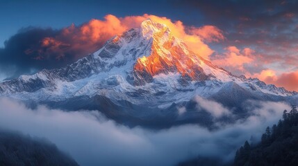majestic snowcapped mountain peak at sunset dramatic panoramic vista golden hour alpenglow