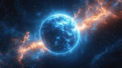 Obraz premium mesmerizing cosmic portal glowing blue planet surrounded by ethereal energy waves starry void background light beams emerging from planetary surface