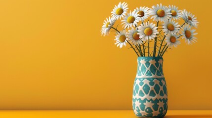 A vibrant and eye-catching illustration of a geometric art deco vase filled with whimsical daisies against a sunny yellow background. Perfect for adding a touch of retro charm to any design project.