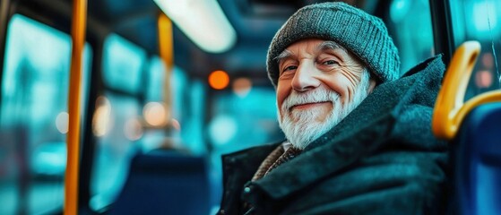 Obraz premium Elderly Men Smiling While Riding on a Bus During a Winter Day