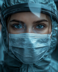 Fototapeta premium Portrait of medical personnel wearing masks and protective suits, generative ai
