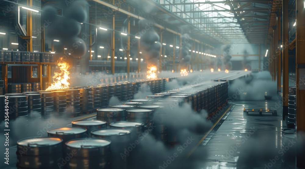 Aufkleber indoor battery factory with rows of batteries and a storage site, one of them on fire, smoke billowi
