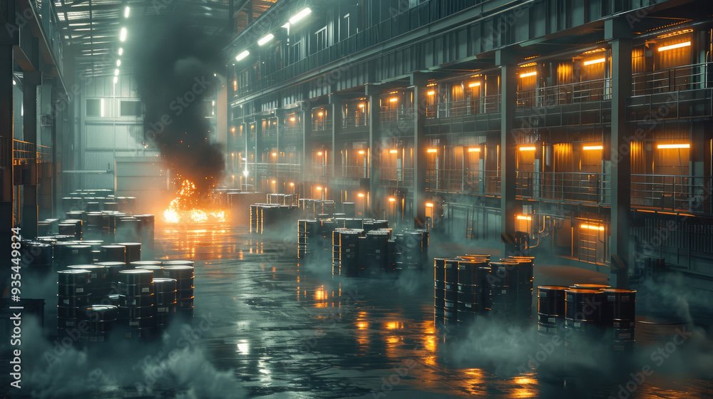 Poster Indoor battery factory with rows of batteries and a storage site, one of them on fire, smoke billowing from the point of origin. Generative AI.