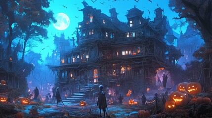 Obraz premium Spooky Halloween Night at a Haunted House with Glowing Jack-o'-Lanterns
