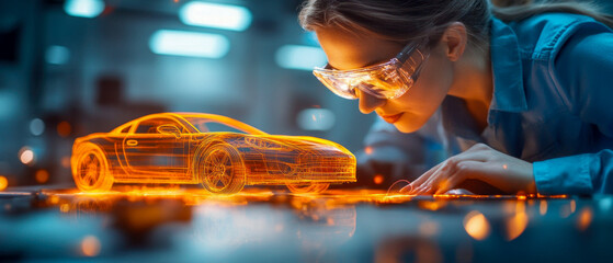 Engineer Analyzing 3D Holographic Car Model in Laboratory