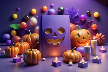 Purple Halloween Card with Pumpkins and Candles. Spooky Board Frame for writing greetings. Distorted Ornaments for Spooky.