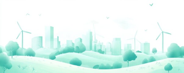 Obraz premium Eco-city with green trees, wind turbines, and skyscrapers on a white background.