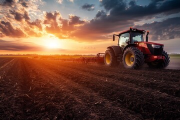 Tractor plowing fields at sunset in rural landscape during harvest season