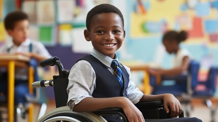 Black disabled boy in wheelchair smiling at rainbow flag during Pride month at school. LGBTQ+ inclusive education.