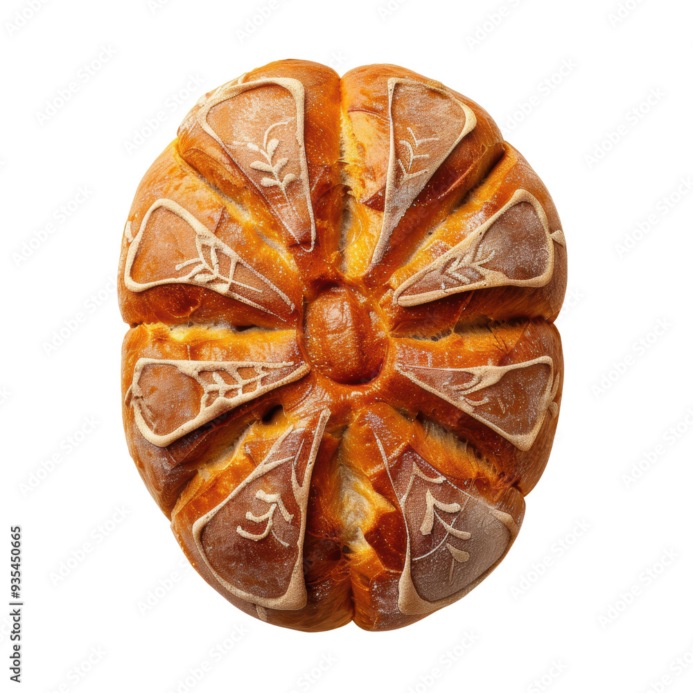 Poster close-up of round artisan bread loaf with unique patterns on rustic surface
