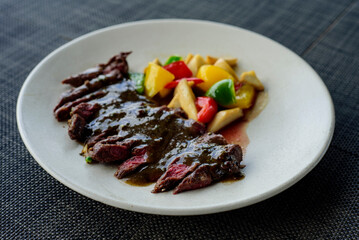 Thai food menu Close-up,  grilled beef steak.