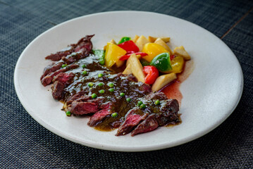 Thai food menu Close-up,  grilled beef steak.