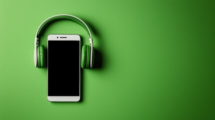 Modern Smartphone with Headphones on Soft Green Background - Minimalist Design with Copy Space and Elegant Reflections