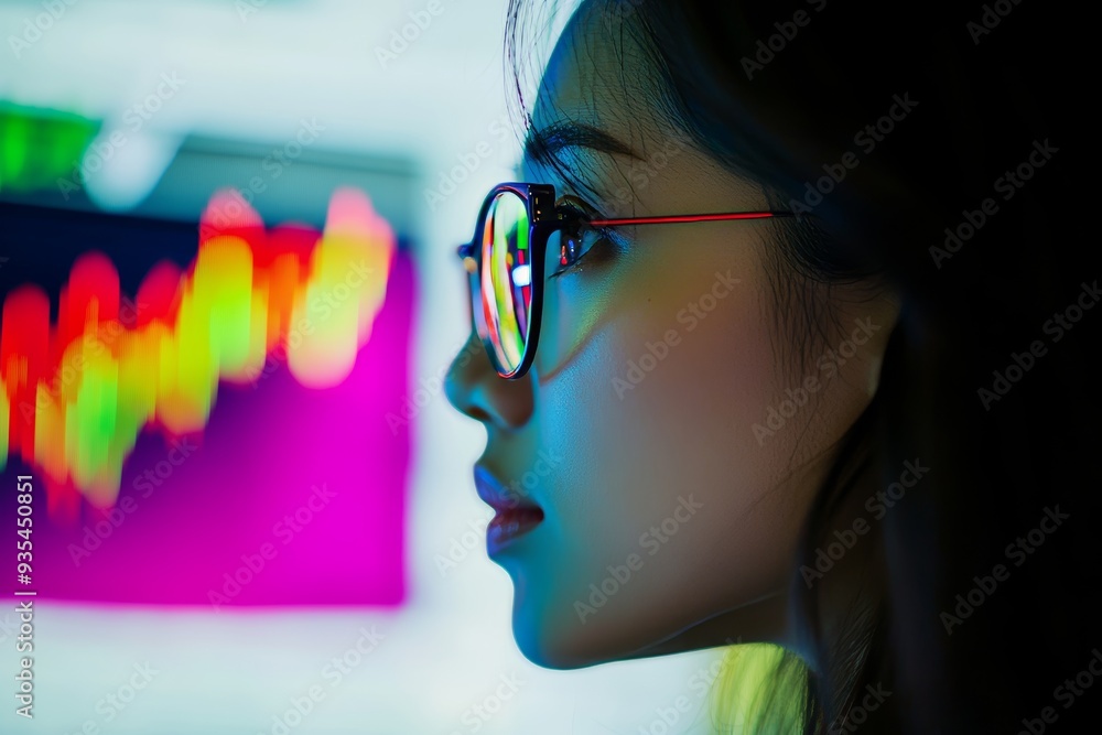 Poster cybersecurity analyst spotting stock threats to consumers while working on computer in dark office, 