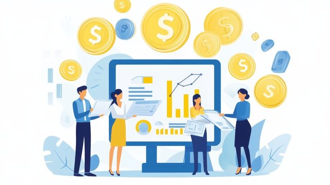 In this cartoon illustration, people are wearing VR glasses and reading news related to crypro currency while interacting with colleagues.