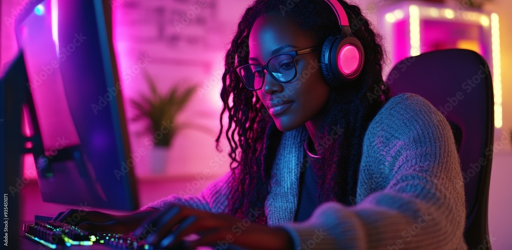 Aufkleber using stock, this image shows a woman working in a dark office on a computer. a cyber security analy