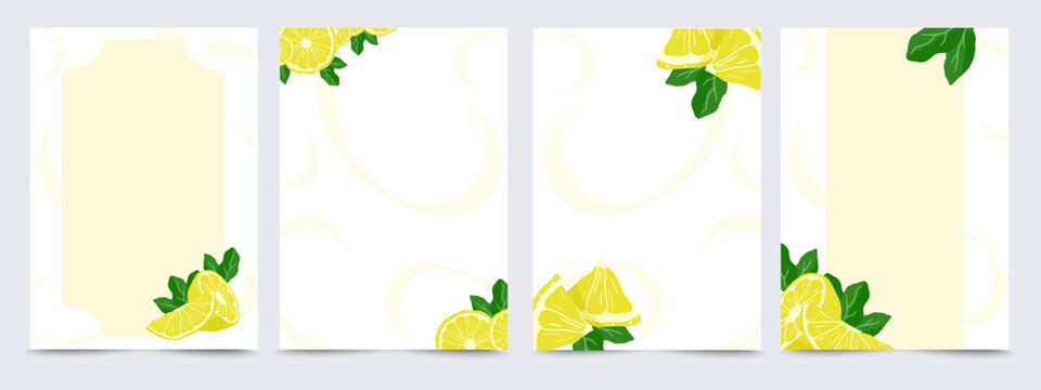 Frames and borders design templates with lemons and leaves on a light background with copy space. Summer Card set for wedding Invitation, pattern, bridal party in Coastal style. poster a4. Vector