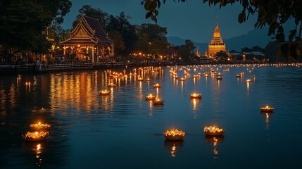 A peaceful riverside scene during the Loy Krathong festival in Thailand