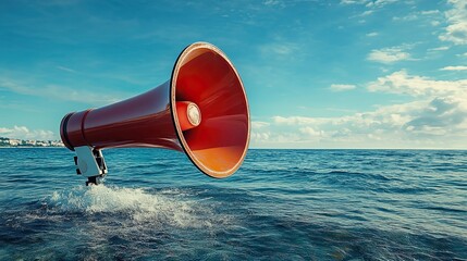 Red megaphone announcing important message in blue ocean 