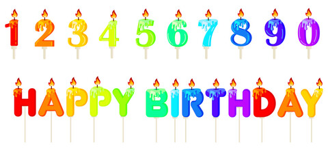Burning birthday candles in rainbow colors, number and letter candles isolated on white. EPS10 vector illustration.