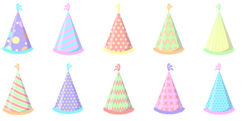 A set of birthday hats in different pastel colors and shapes. Vector illustration EPS10.
