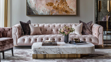 Chic Luxury Living Room with soft pastel tones