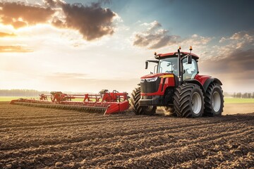 Fototapeta premium Tractor plowing a field at sunset in a rural agricultural landscape