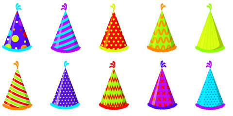 Birthday party hats set in different colors and shapes. Vector illustration EPS10.