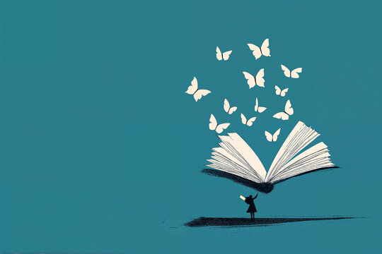 Book with Butterflies. Open book with butterflies flying out. Imagination, literature, and freedom concept.