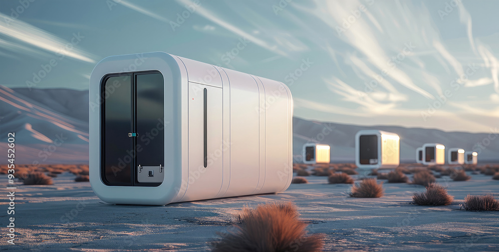 Aufkleber miniaturized portable nuclear power units being tested in a remote desert, providing sustainable ene
