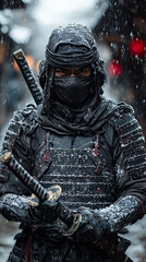 Naklejka premium portrait of ninja assassin with sword, generative ai