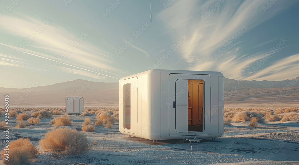 Aufkleber miniaturized portable nuclear power units being tested in a remote desert, providing sustainable ene