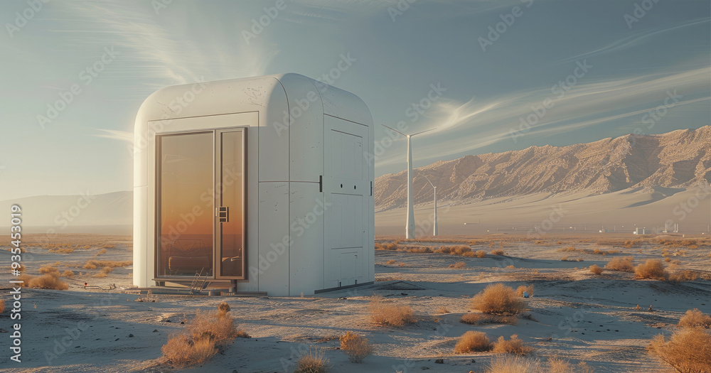 Aufkleber miniaturized portable nuclear power units being tested in a remote desert, providing sustainable ene