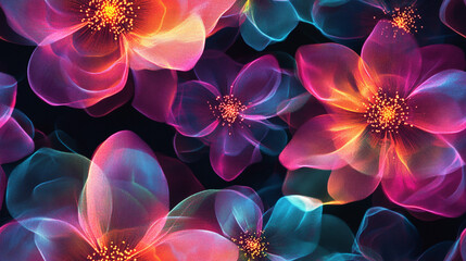 A seamless pattern with minimalistic holographic flowers - Glowing neon rainbow background.	