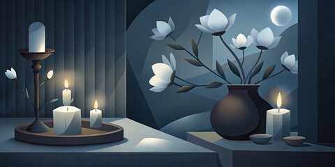 Elegant still life with candles and white flowers in a vase.