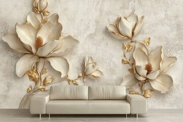 Stucco surrounds a golden bird of paradise flower with golden buds and leaves.