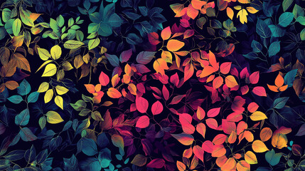 A seamless pattern with minimalistic holographic summer leaves - Glowing neon rainbow background.	