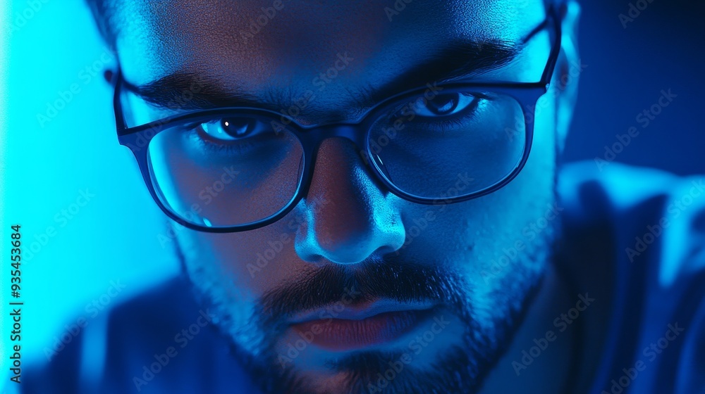 Poster an ai cyber security threat inspects futuristic holographic data information with sunglasses. a bann