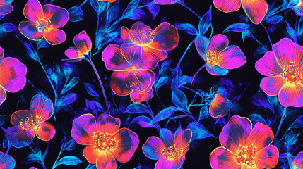 A seamless pattern with minimalistic holographic wild flowers - Glowing neon rainbow background.	