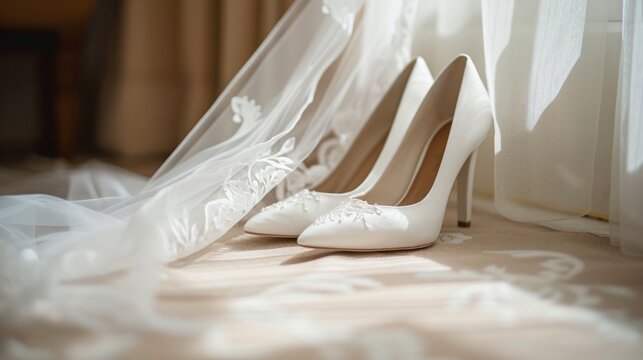 A close-up photograph of a bride's white wedding shoes and veil. Soft lighting and a clean background create a delicate and elegant image. Perfect for wedding invitations and bridal inspiration. - Powered by Adobe