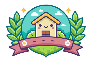 Fototapeta premium Cute Cartoon House with Green Leaves and Ribbon