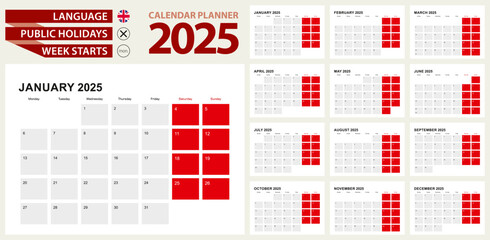 2025 Calendar Planner Design. Week starts from Monday