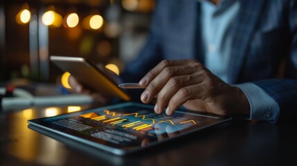 Fototapeta premium A focused businessman is using a tablet to analyze sales data and economic growth charts.
