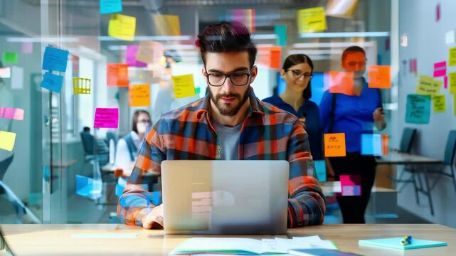 Focused man working on laptop in a creative office environment with colorful sticky notes and team collaboration.