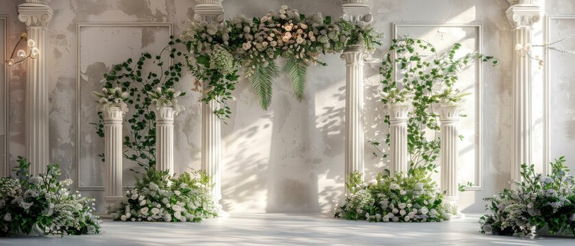 A minimalist interior wall backdrop featuring lush green leaves, perfect for a classic luxury wedding ceremony. Ample copy space for customization.