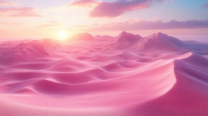 otherworldly landscape pink sand dunes stretch endlessly under ethereal lavender sky shimmering heat waves create miragelike distortions on alien horizon