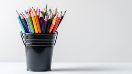 Black pencil bucket with colored pencils white background