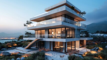 A modern house made of steel and concrete with two floors and an external staircase leading to a rooftop terrace. Generative AI.